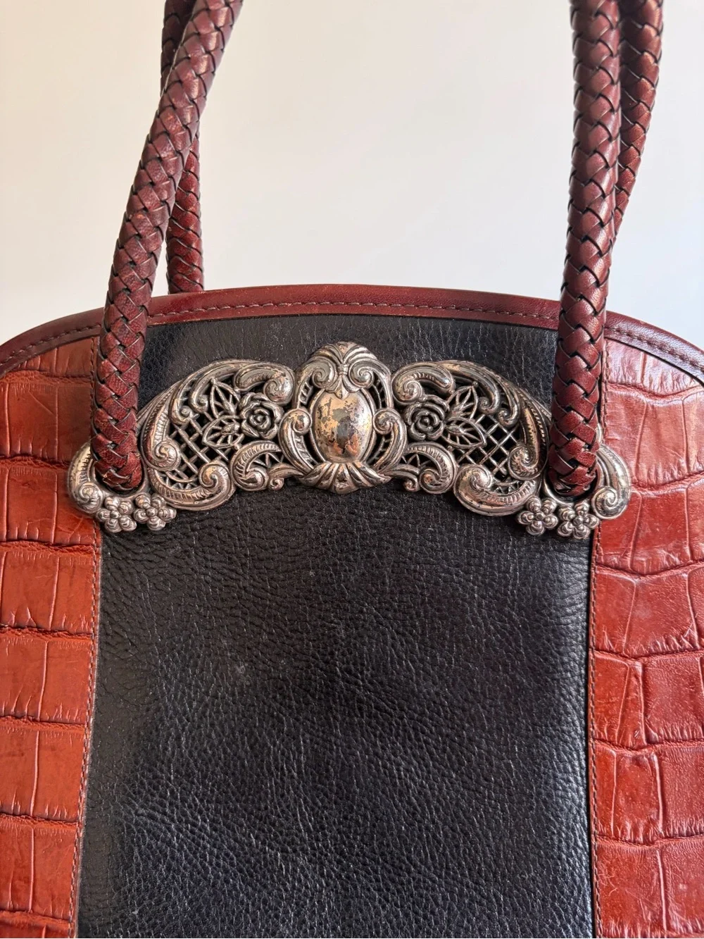 Vintage 80s Brighton Braided Handle Brown and Black Leather Tote Bag